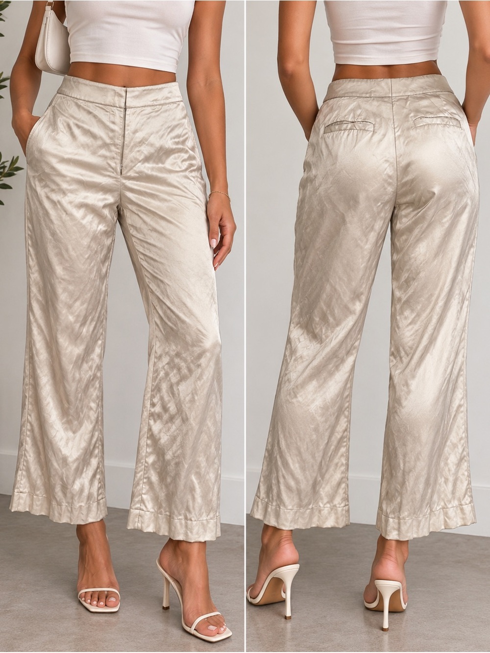 Lafayette 148 New York Champagne Satin Wide Leg Cropped Pants Size 2M